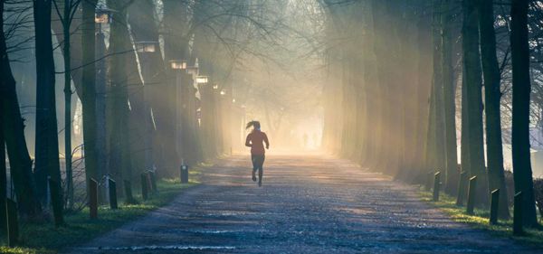 Dame die hardloopt in het bos